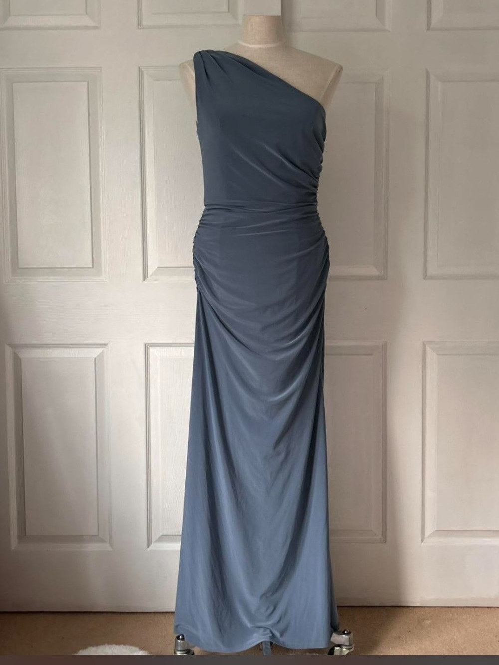 One-Shoulder Slate Blue Evening Gown with Side Ruching